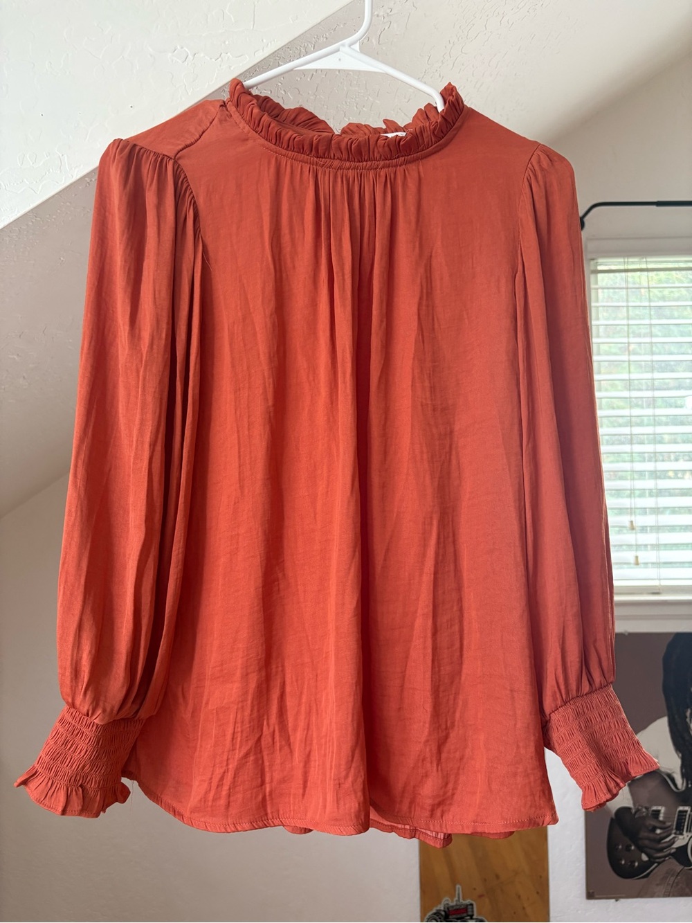 Ruffled Neck Long-Sleeve Blouse - Rust